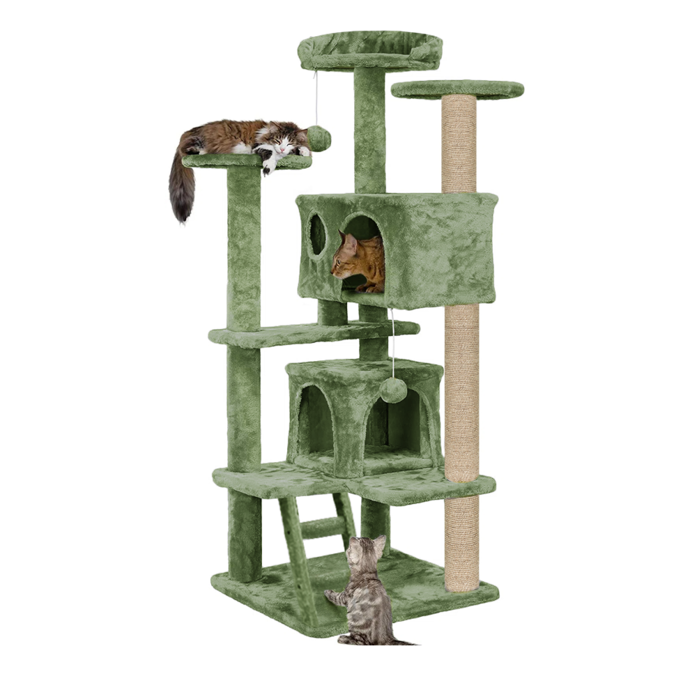 Furrlovers Multi Condo Kitten & Cat Tree with Plush Fur Fabric, Ladder, Top Perches, Playing Balls & Jute Rope Scratching Posts (Green)