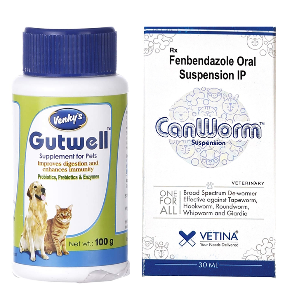 Vetina Canworm (Fenbendazole) Pet Deworming Suspension (30ml) and Venkys Gutwell Pre & Probiotics Gut Health Powder (100g) for Dogs and Cats Combo
