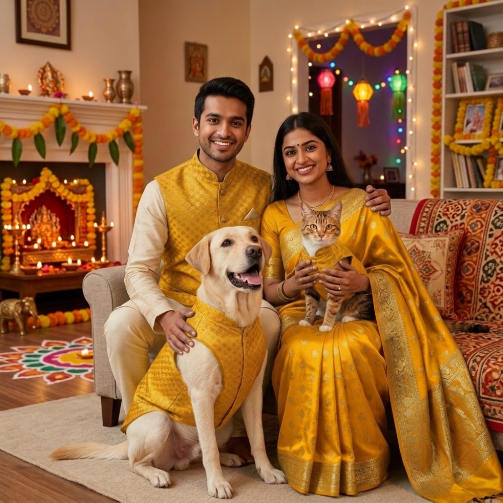 Skatrs Brocade Gold Printed Sherwani for Dogs and Cats (Yellow) image 2