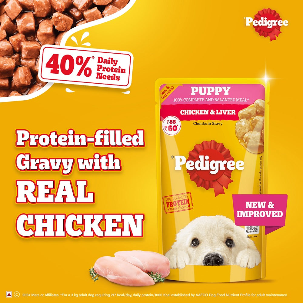 Pedigree Chicken and Liver Chunks in Gravy Pouch Puppy Dog Wet Food (130g) image 3