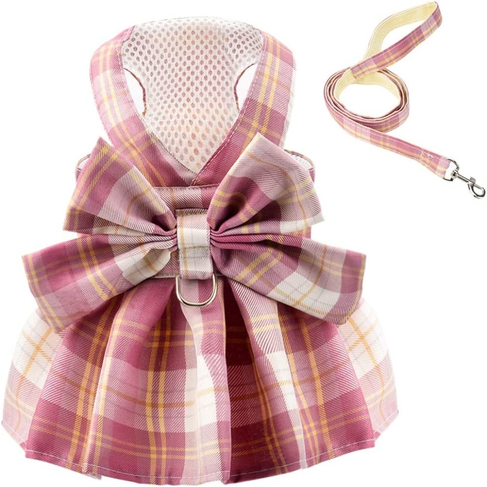 KUTKUT Plaid Dress with Bow Tie Harness Leash Set for Small Dogs & Cats (Pink)