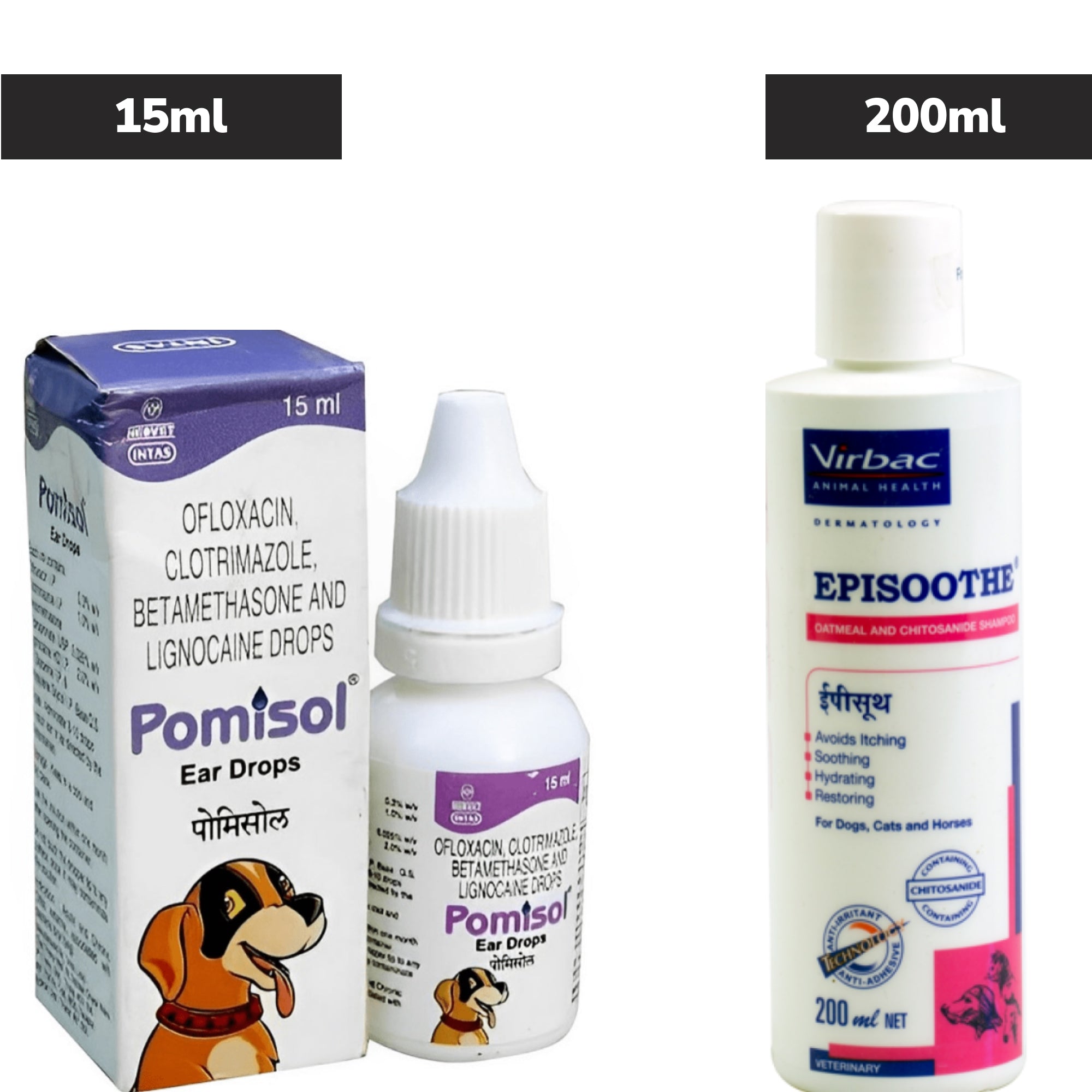Intas Pomisol Ear Drops 15ml and Virbac Episoothe Oatmeal Shampoo 200ml for Dogs & Cats Combo image 1