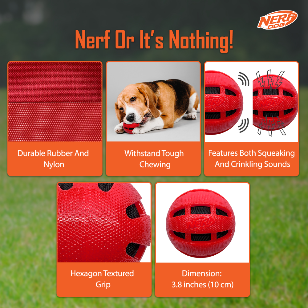 Nerf Bash Checker Squeak Crunch Ball Toy for Dogs (Red) image 4