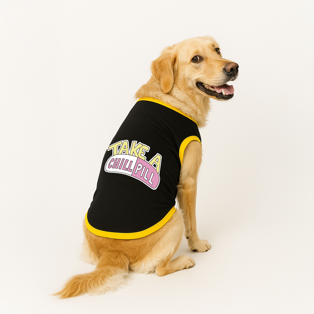 PawsIndia  Take A Chill Pill Printed with Ribbed Sleeves TShirt for Dogs (Black)