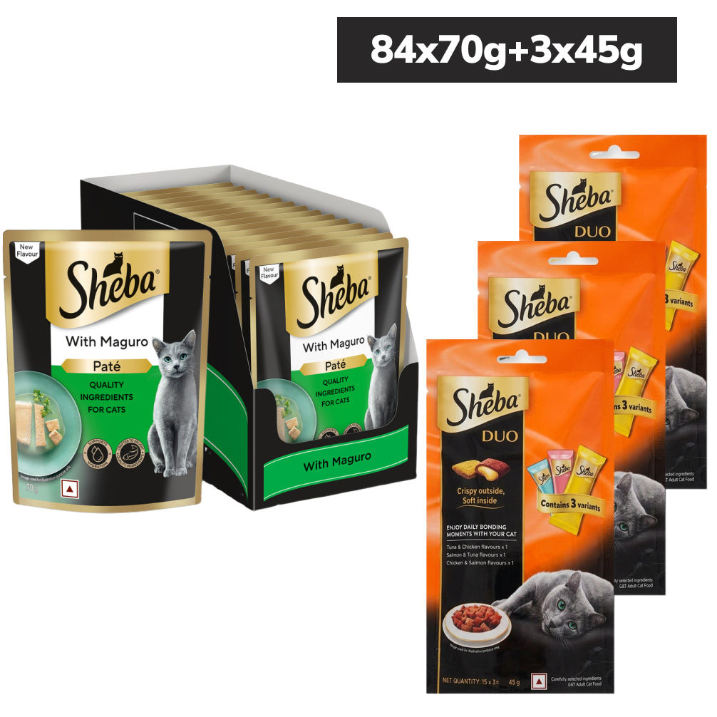 Sheba Maguro Pate Wet Food and Duo Tuna & Chicken, Salmon & Tuna, Chicken & Salmon Crunchy Treats Combo for Adult Cat image 1