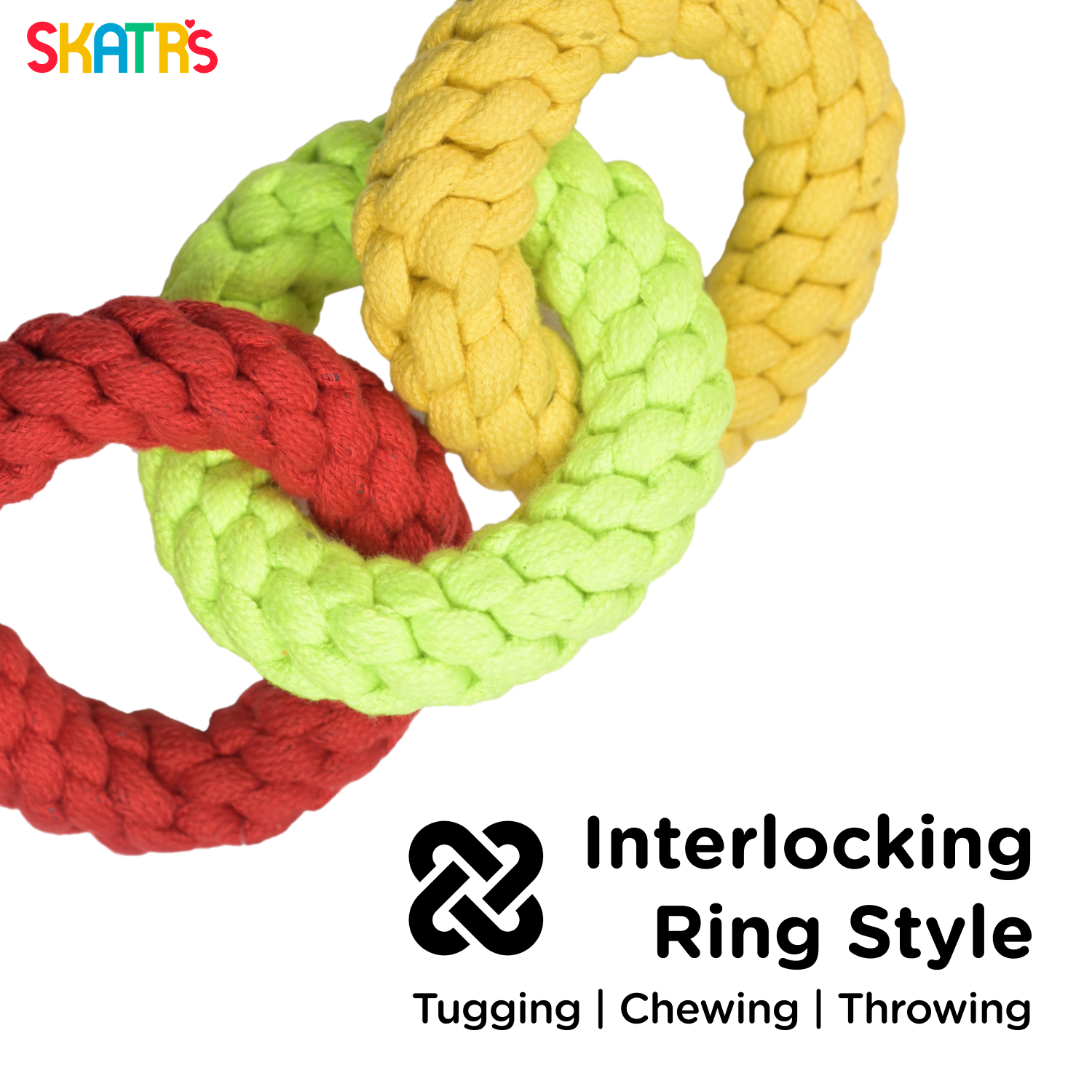 Skatrs Triple Ring Rope Chew Toy for Dogs and Cats (Neon Green/Red/Yellow) image 2