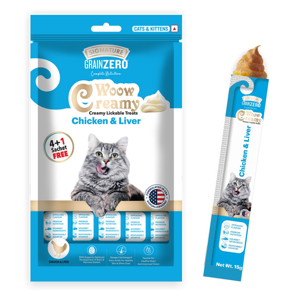 Signature Grain Zero Ocean Fish, Sardine and Mackerel Mother and Kitten Cat Dry Food and Grain Zero Chicken and Liver Lickable Creamy Cat Treats Combo image 9