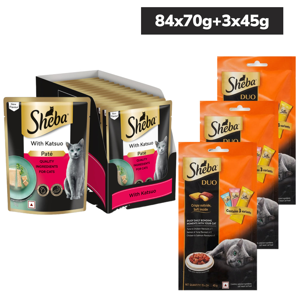Sheba Katsuo Pate Wet Food and Duo Tuna & Chicken, Salmon & Tuna, Chicken & Salmon Crunchy Treats Combo for Adult Cat