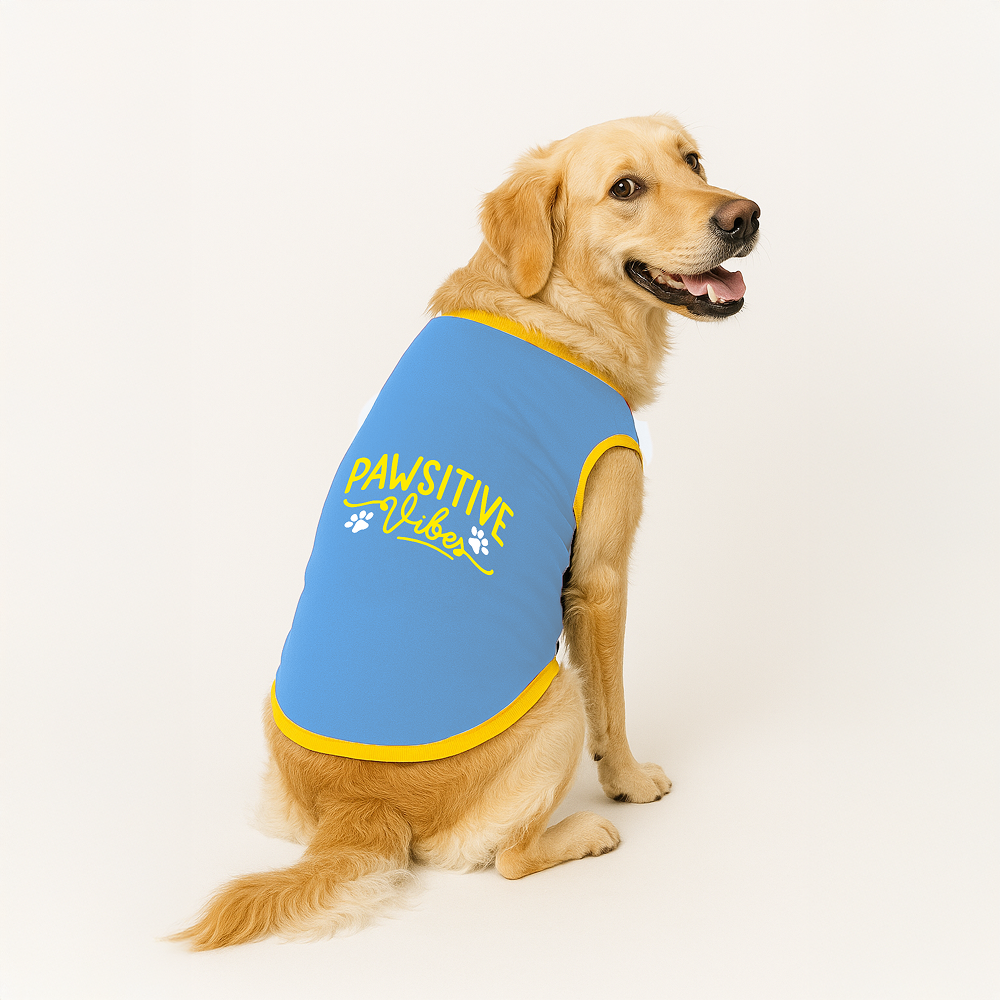 PawsIndia Pawsitive Vibes Printed with Ribbed Sleeves TShirt for Dogs (Blue)