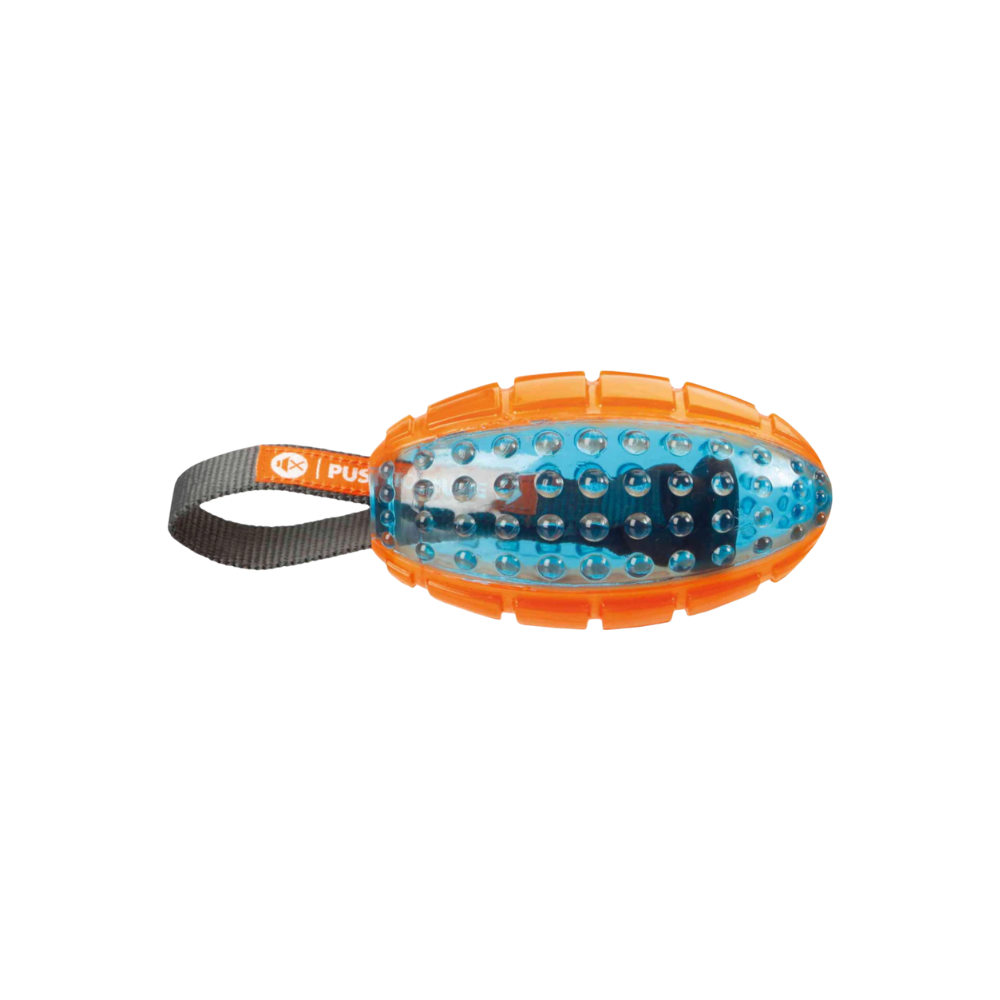 Trixie Push To Mute Rubber Rugby Ball on Rope Toy for Dogs (Orange/Blue) image 3