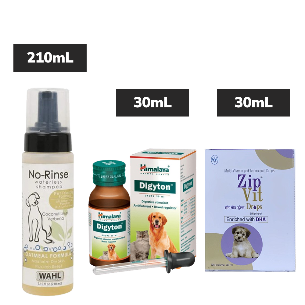 Wahl No Rinse Oatmeal Shampoo with Himalaya Digyton and Intas Zipvit Dog Drops Combo