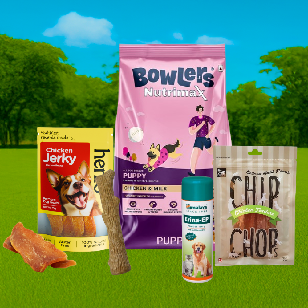 Bowlers Food, Henlo & Chip Chops Treats, Himalaya Tick Powder, Petstages Chew Stick Limited Puppy Hamper image 2