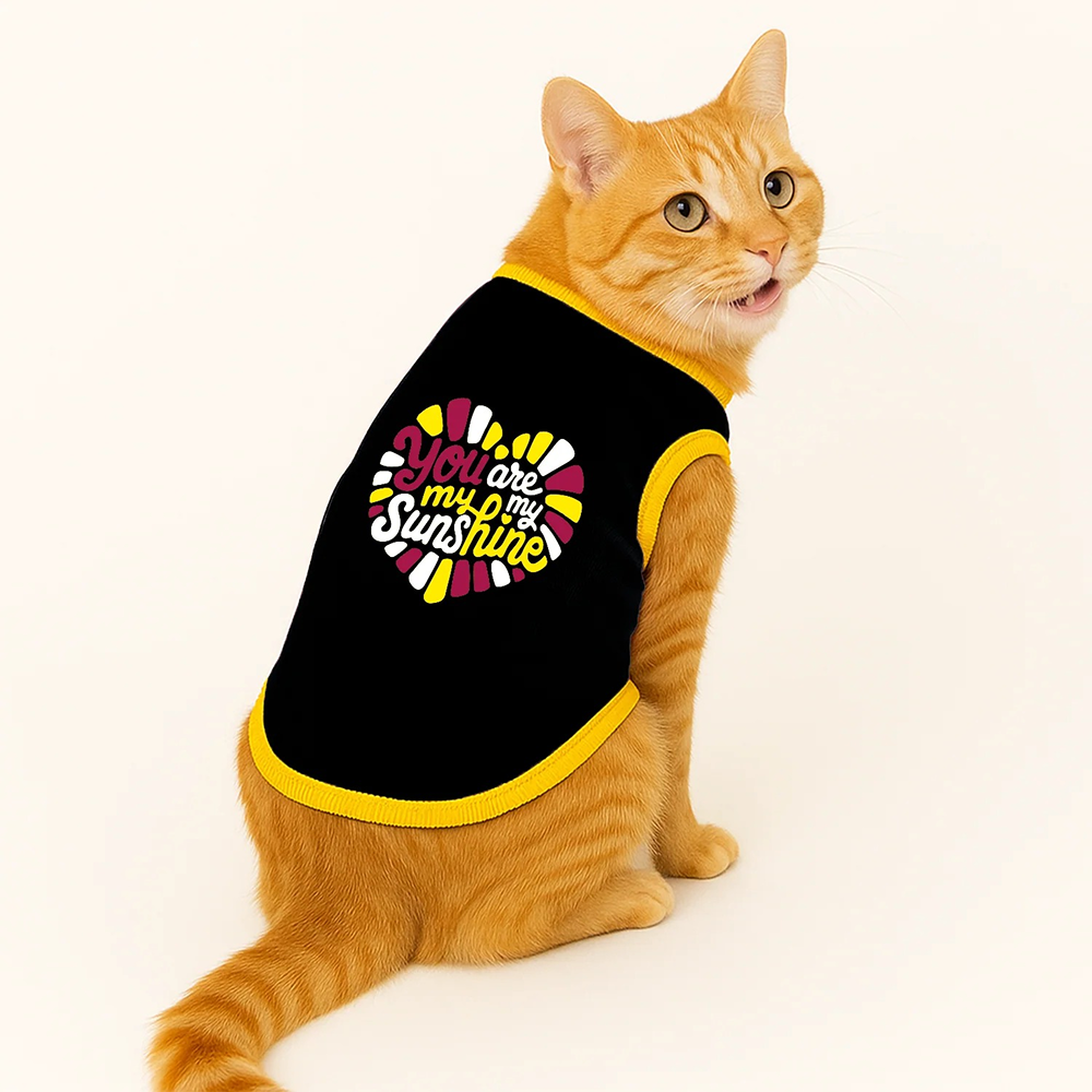 PawsIndia You Are My Sunshine Printed with Ribbed Sleeves TShirt for Cats (Black)
