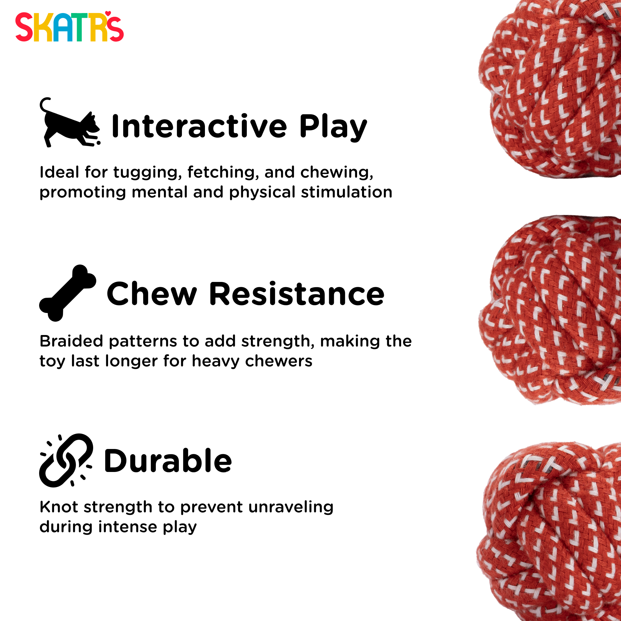 Skatrs Ball Shaped Rope Chew Toy for Cats & Dogs (Red/White) image 3