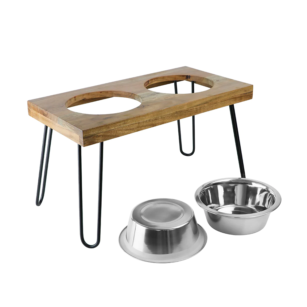 Pawpourri Elevated Acacia Wooden Double Diner for Dogs and Cats (Wooden Brown) image 2
