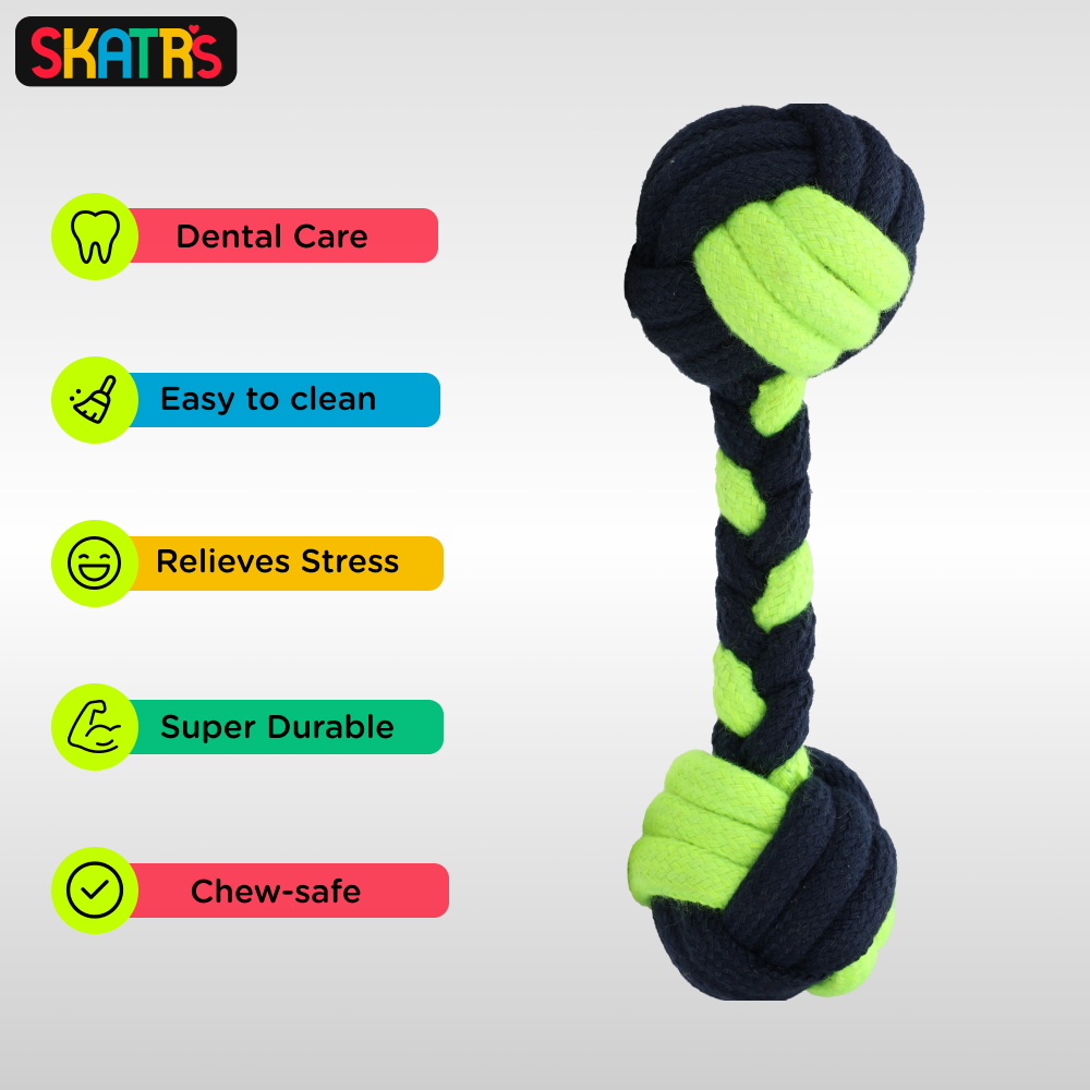 Skatrs Dumbbell Shaped Rope Chew Toy for Dogs and Cats (Neon Green/Dark Blue) image 3