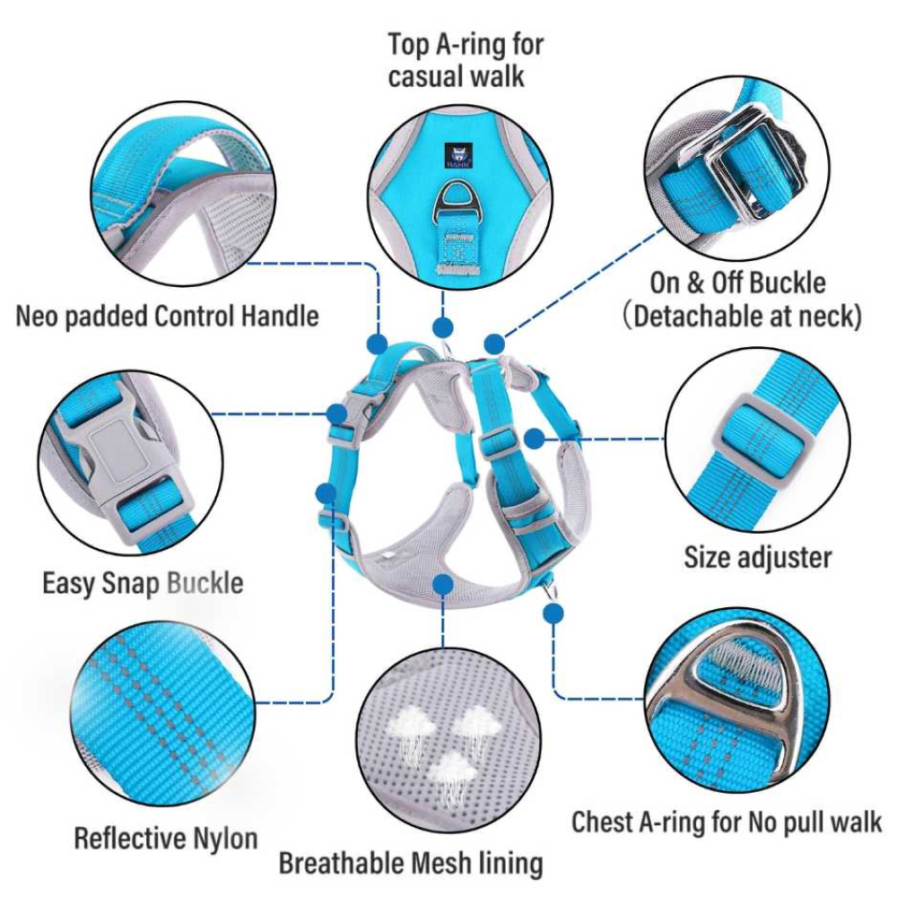 Hank 3M Reflective Harness for Puller Dogs (Grey/Cyan Blue) image 2