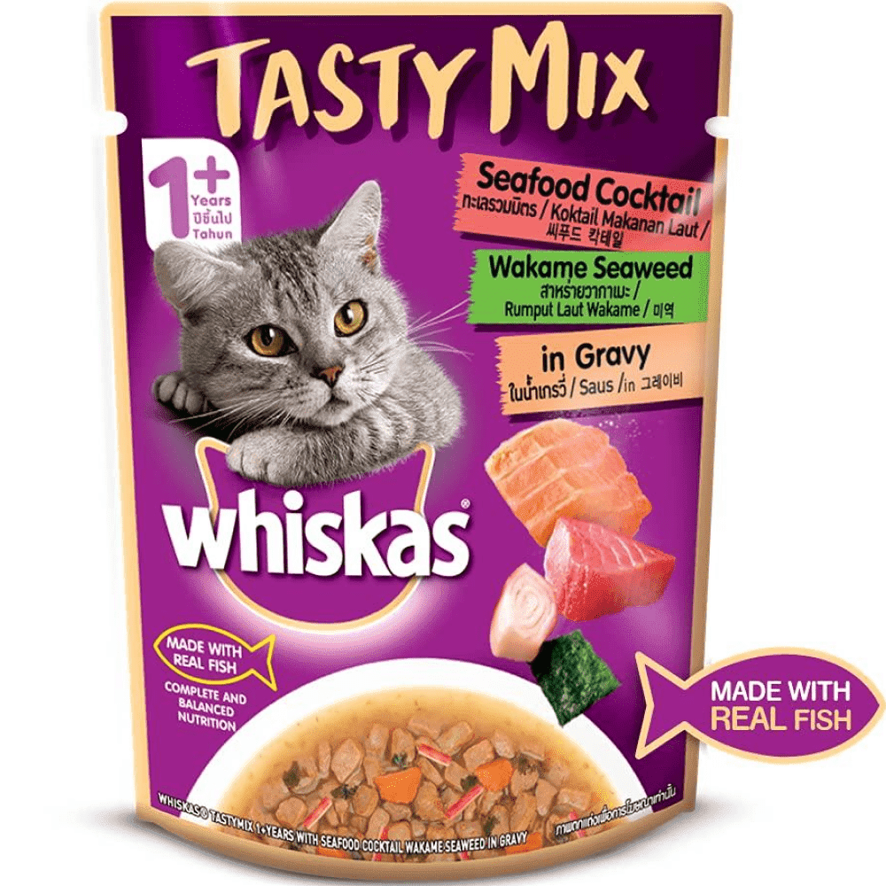 Whiskas Chicken With Tuna And Carrot in Gravy and Seafood Cocktail With Wakame Seaweed in Gravy Adult Cat Wet Food Combo image 5