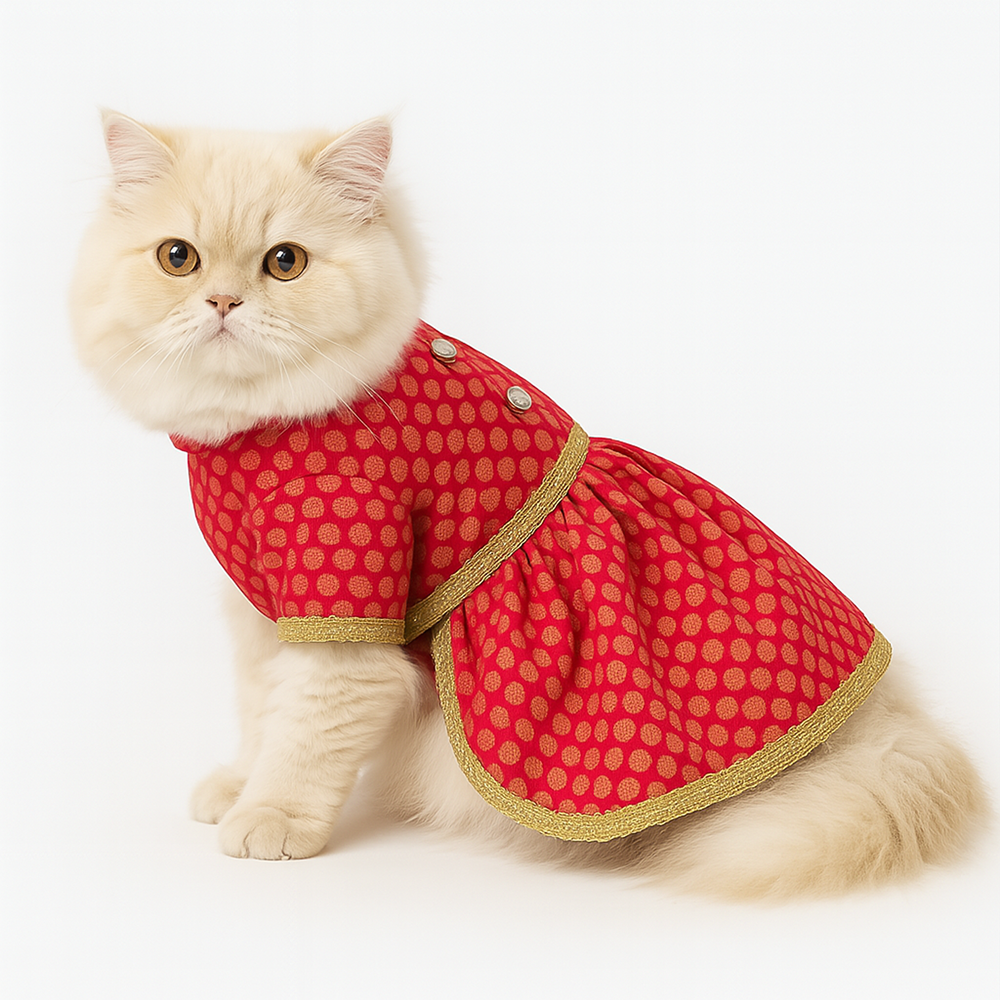 Pawsindia Traditional Royal Brocade Dress for Cats (Red)