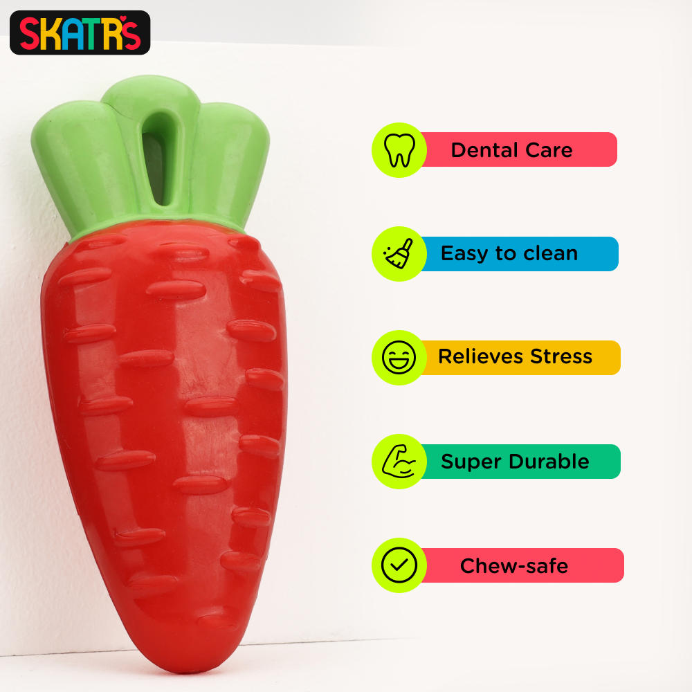 Skatrs Rubber Squeaky Carrot Chew Toy for Dogs (Red) | For Heavy Chewers | Small & Medium Dogs image 4