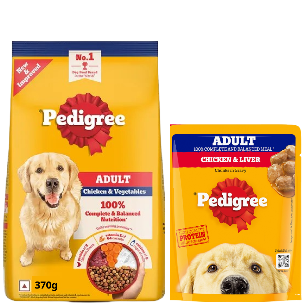 Pedigree Chicken & Liver Chunks in Gravy and Chicken & Vegetables Dry & Wet Food Combo for Dogs