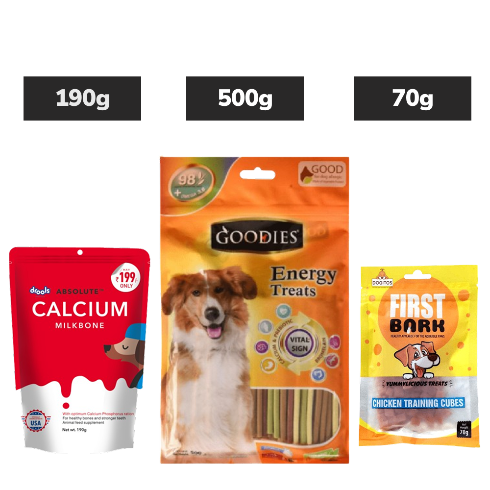 Drools Absolute Calcium Bone, Goodies Mixed Flavour Stick, First Bark Chicken Training Cubes Dogs Combo