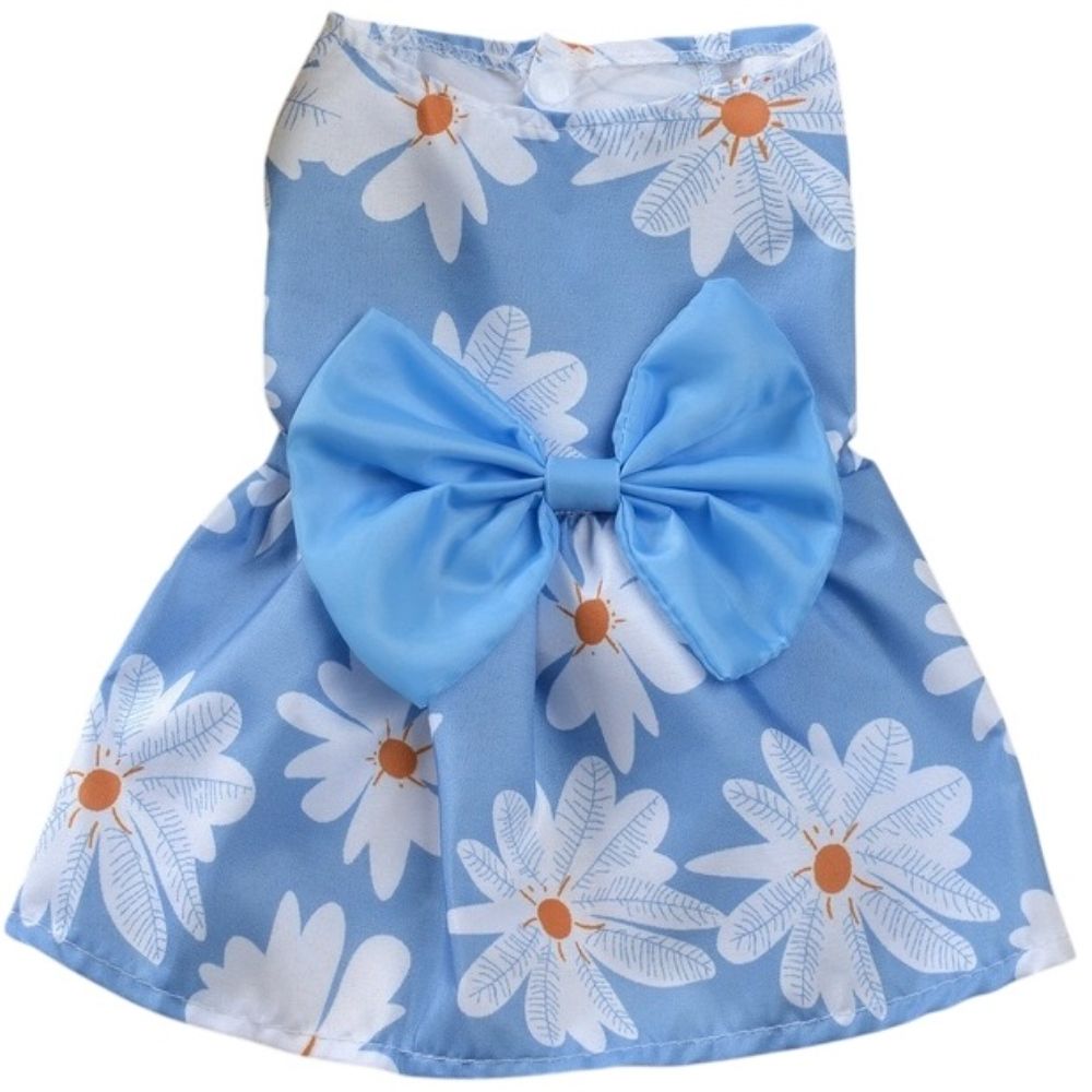 KUTKUT Daisy Patterned Princess Frock with Lovely Bow for Small Dogs and Cats (Blue)