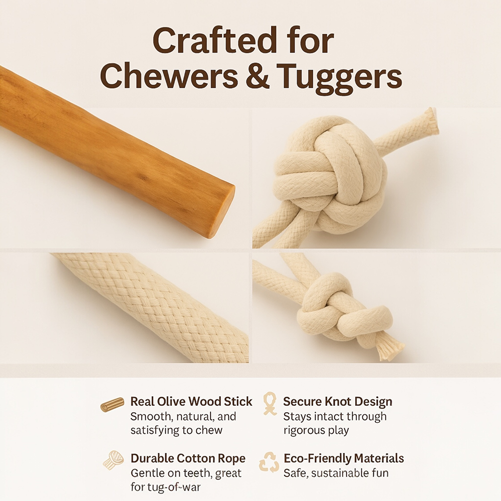 Talking Dog Club Natural Ball & Stick Tug Toy for Dogs (White and Brown) image 4