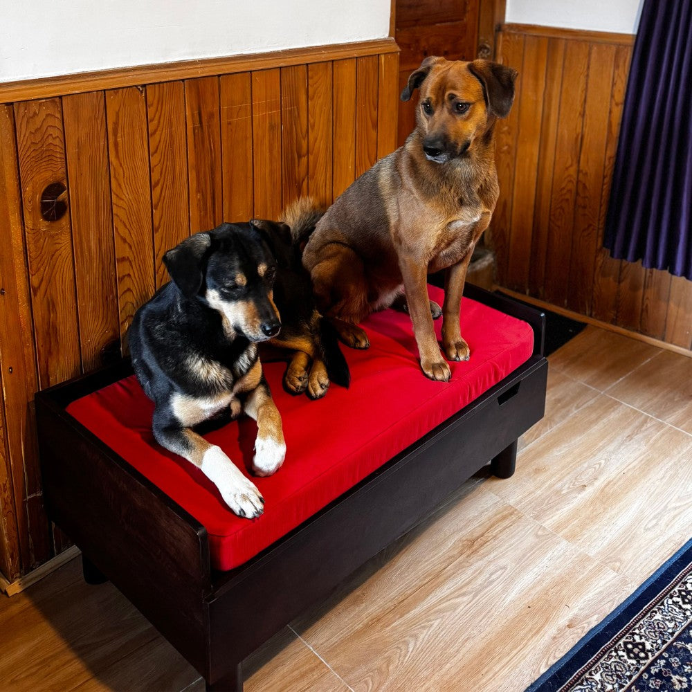 FurryLiving Hibachi Bed with Storage for Dogs (Dark Brown/Red Cushion) image 2