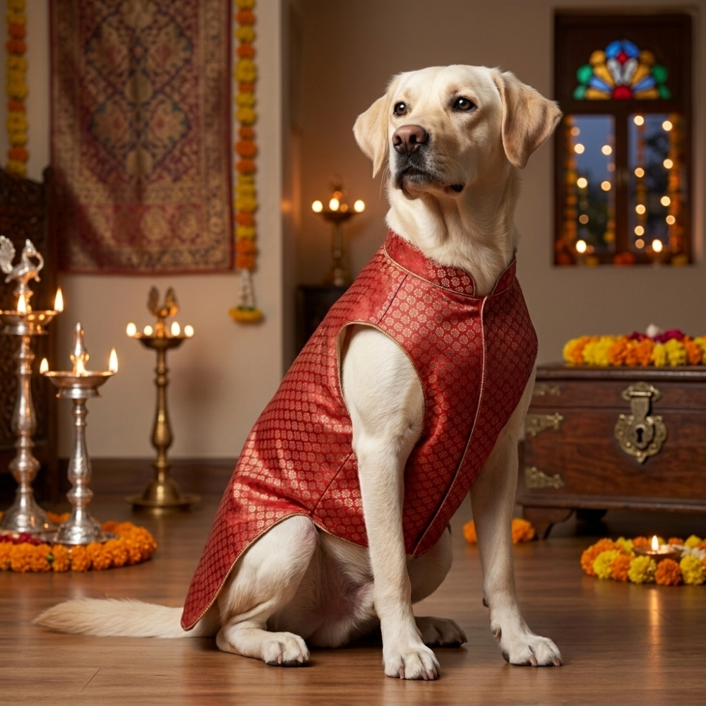Skatrs Brocade Gold Printed Sherwani for Dogs and Cats (Red) image 7