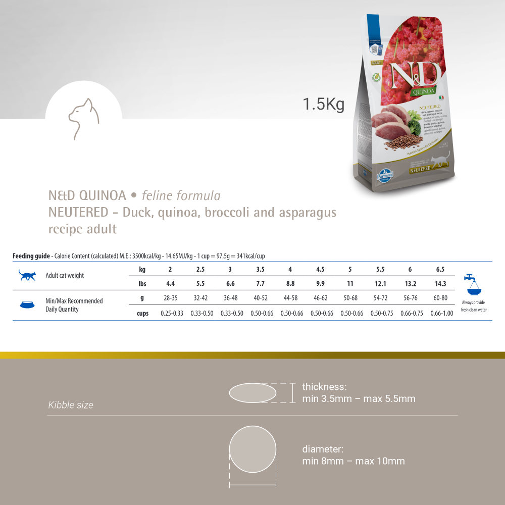 Farmina N&D Neutered Quinoa Duck, Broccoli & Asparagus Adult Cat Dry Food image 3