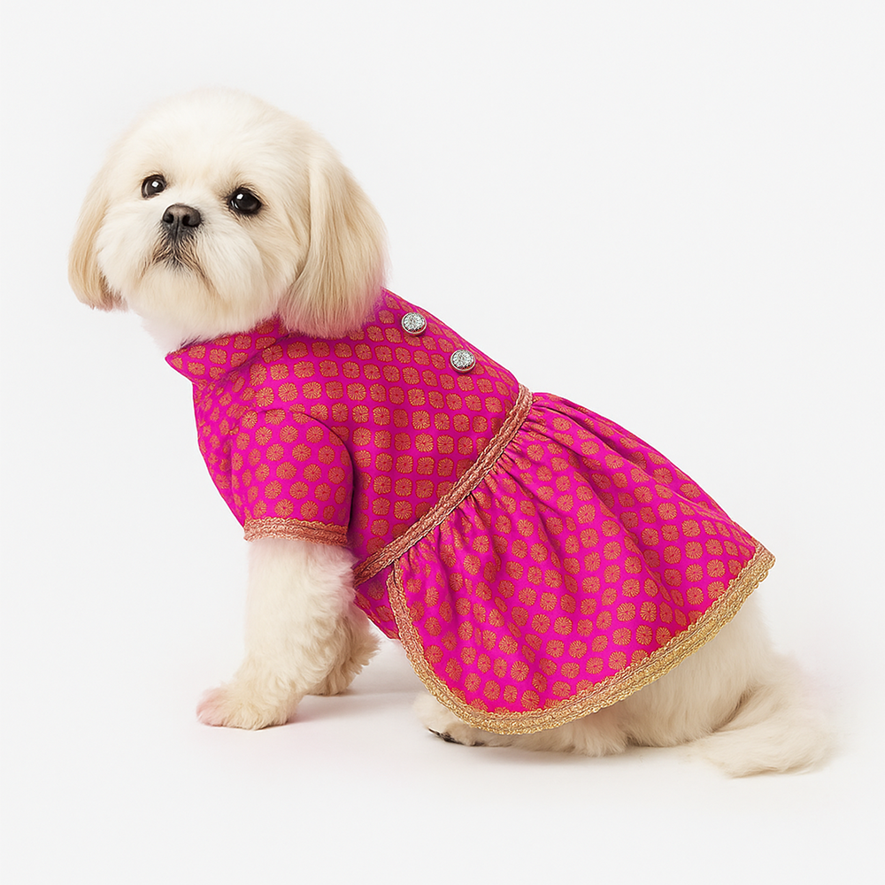 Pawsindia Traditional Royal Brocade Dress for Dogs (Pink)