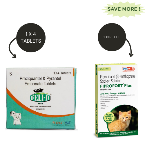 Areion Vet Feli D Dewormer Tablets (pack of 4 tablets) and Savavet Fiprofort Plus Tick & Flea Control Spot On for Cats Combo