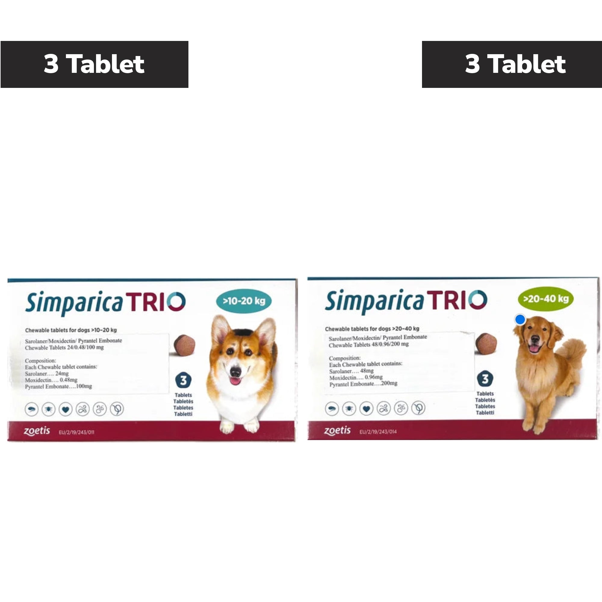Zoetis Simparica Trio (Sarolaner) Tick & Flea Control Tablet for Dogs 10 to 20 kg (3 Tablets) and 20 to 40 kg (3 Tablets) Combo