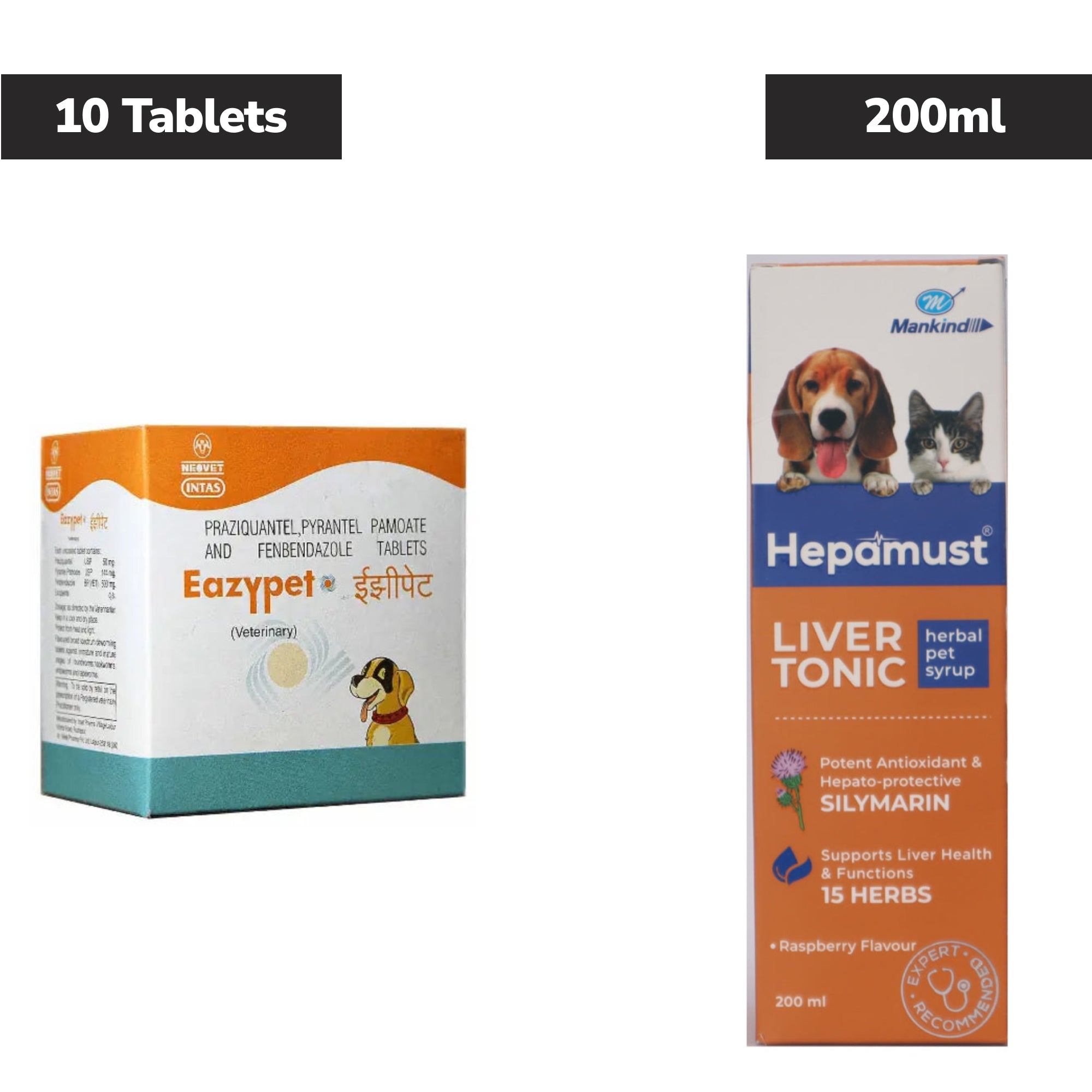 Intas Eazypet Deworming Tablet (10 Tabs) and Mankind Hepamust Liver Tonic 200ml for Dogs & Cats Combo