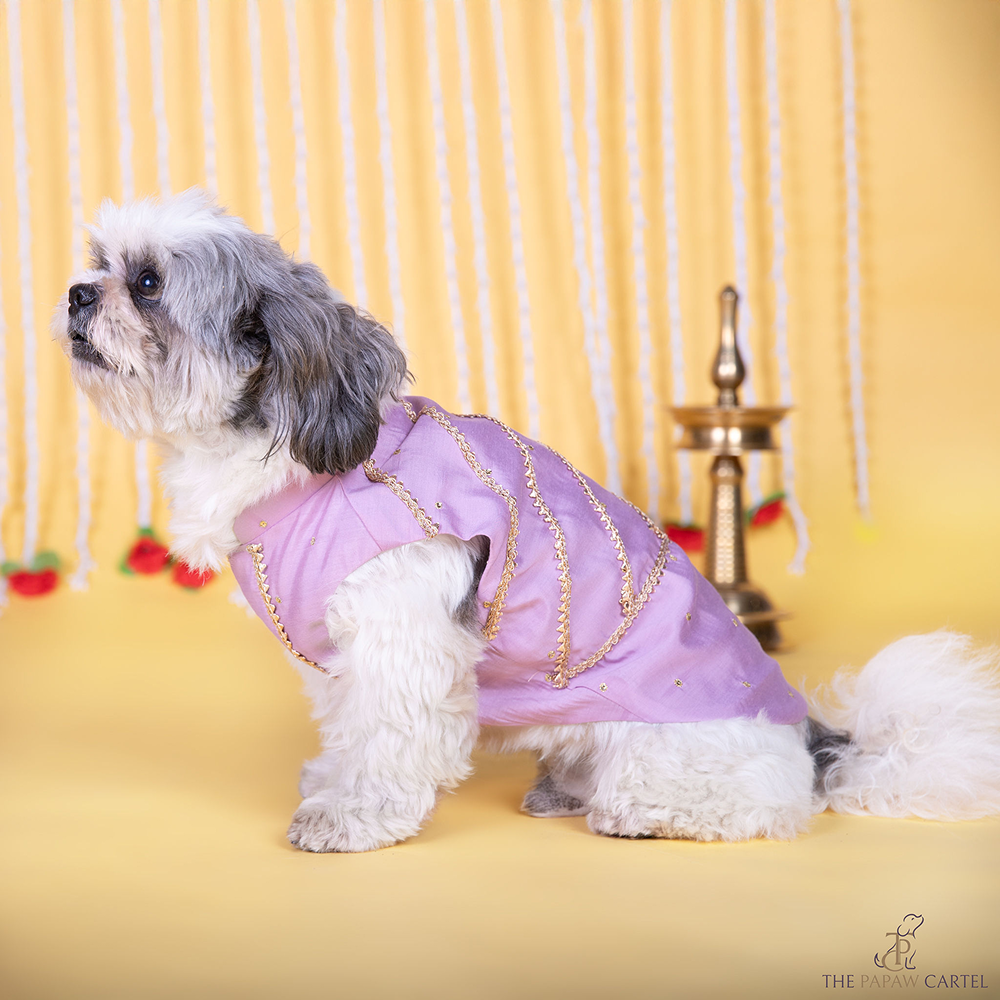 The Papaw Cartel Gota Patti Embroidered Sleeveless Sherwani for Dogs & Cats (Lilac)