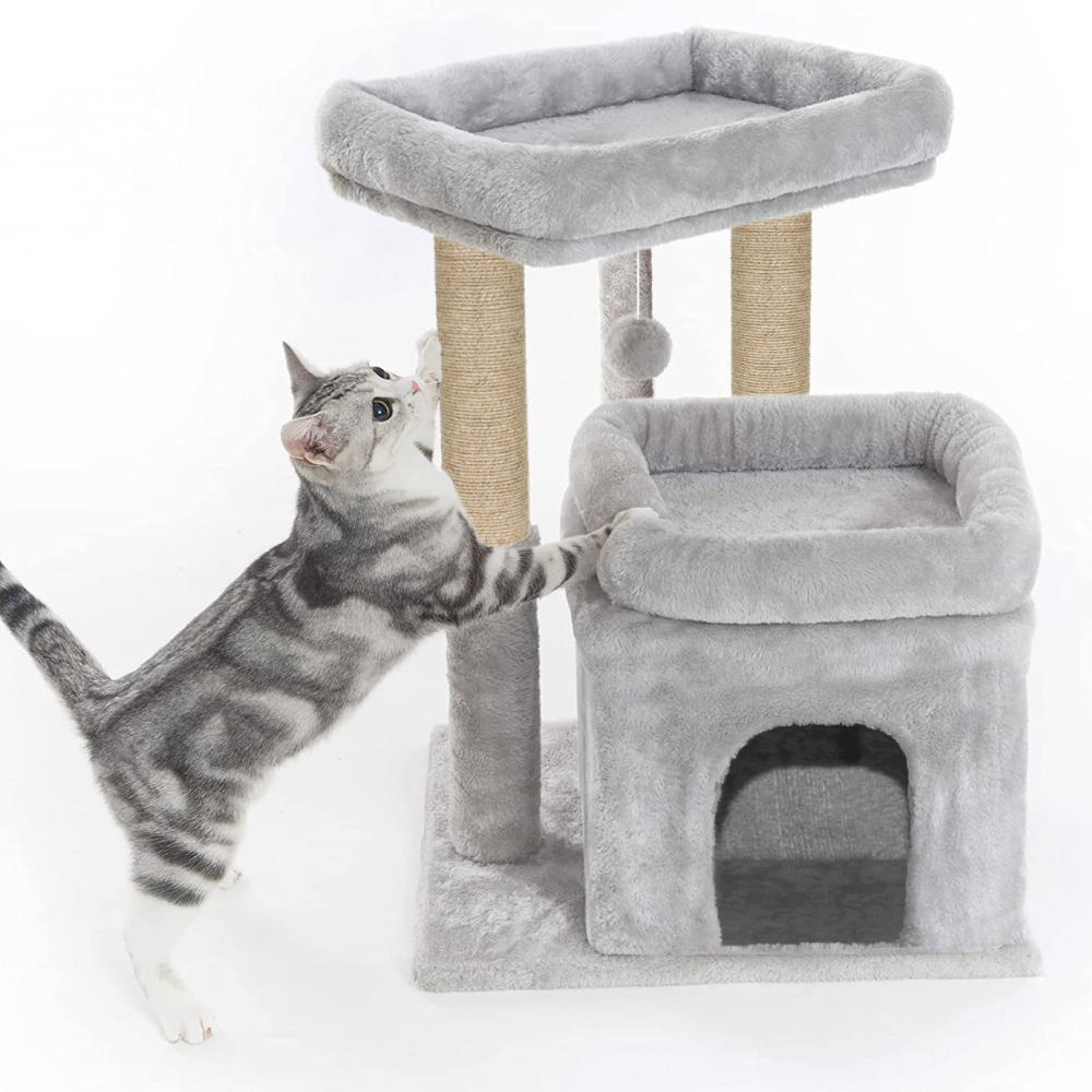 Furrlovers Plush Cat Tree with Scratching Post, Bed & Toy (Grey) image 5
