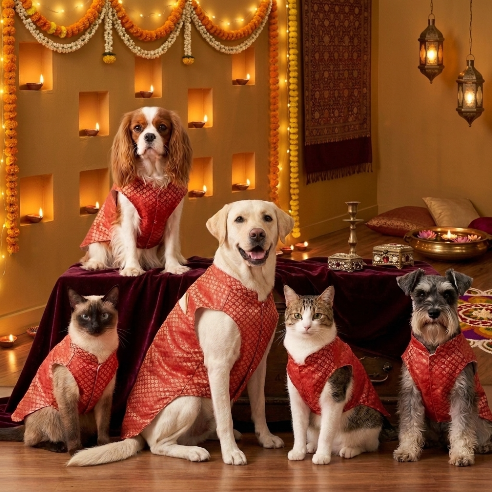 Skatrs Brocade Gold Printed Sherwani for Dogs and Cats (Red) image 2
