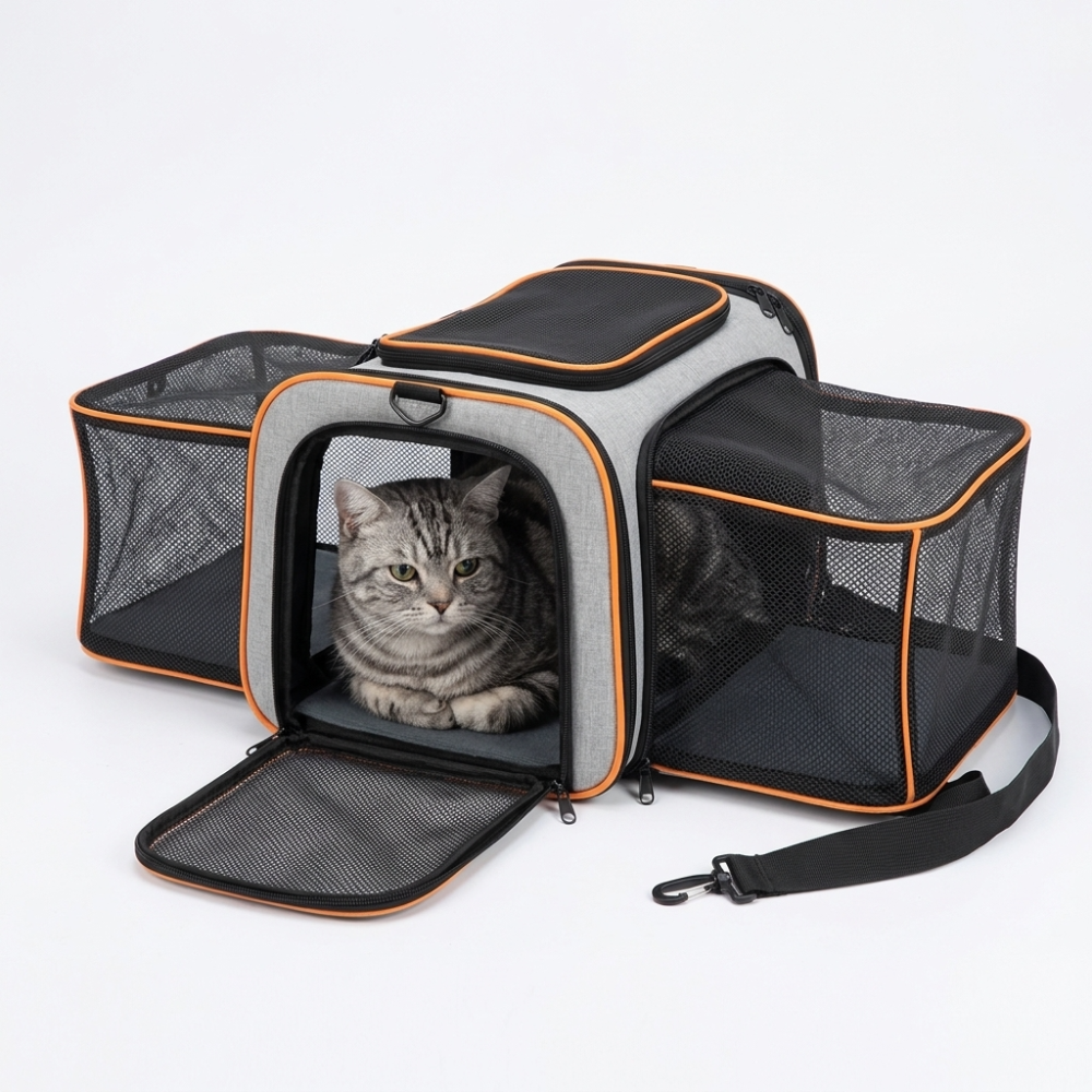 Skatrs Foldable Expandable Pet Travel Carrier Bag for Small Dogs, Adult Cats & Kittens (Grey with Orange)