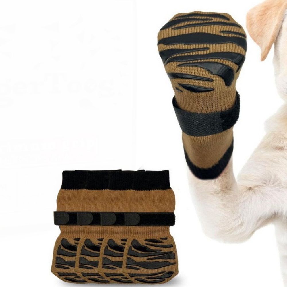 KUTKUT Anti Slip Paw Protection Socks with Four Sided Grip for Dogs (Brown)