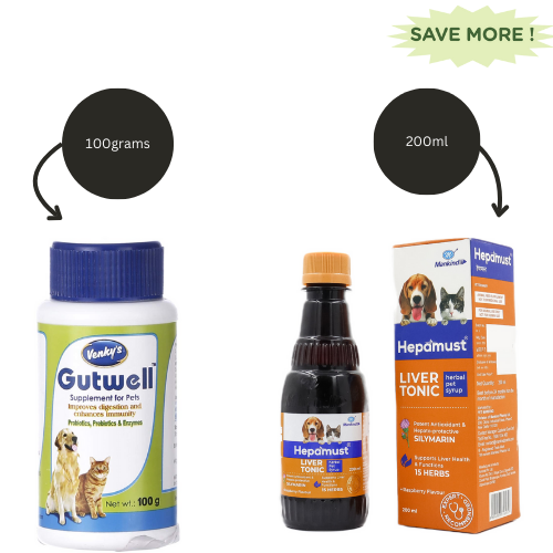 Venkys Gutwell Pre & Probiotics Gut Health Powder (100ml) and Mankind Hepamust Liver Tonic Appetite Booster for Dogs & Cats (200ml) Combo image 1