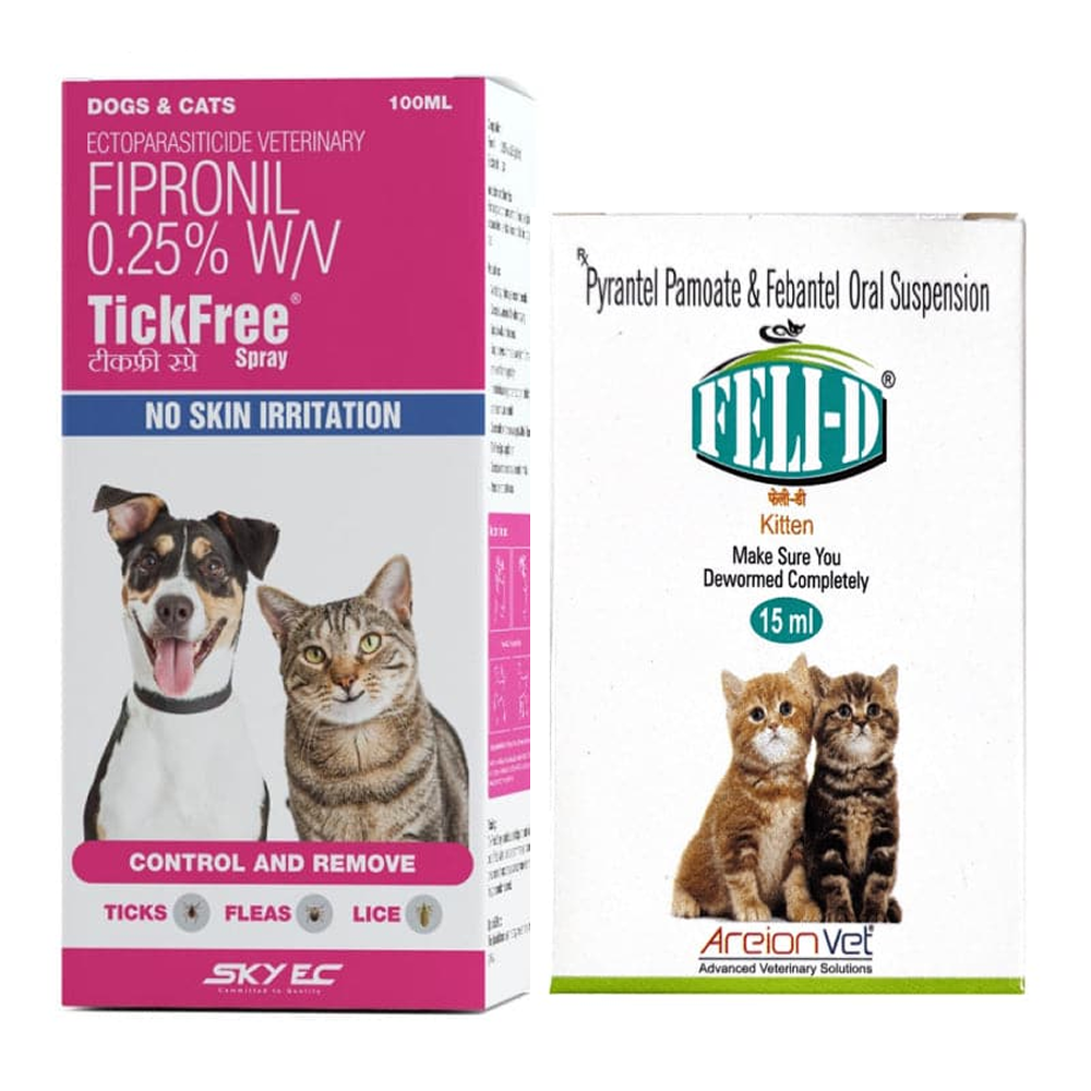 Areion Vet Feli D Suspension Kitten Dewormer and Tick Free Anti Tick & Flea Spray Combo