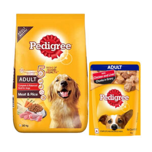 Pedigree Meat & Rice Dry and Chicken and Liver Chunks in Gravy Wet Adult Dog Food Combo