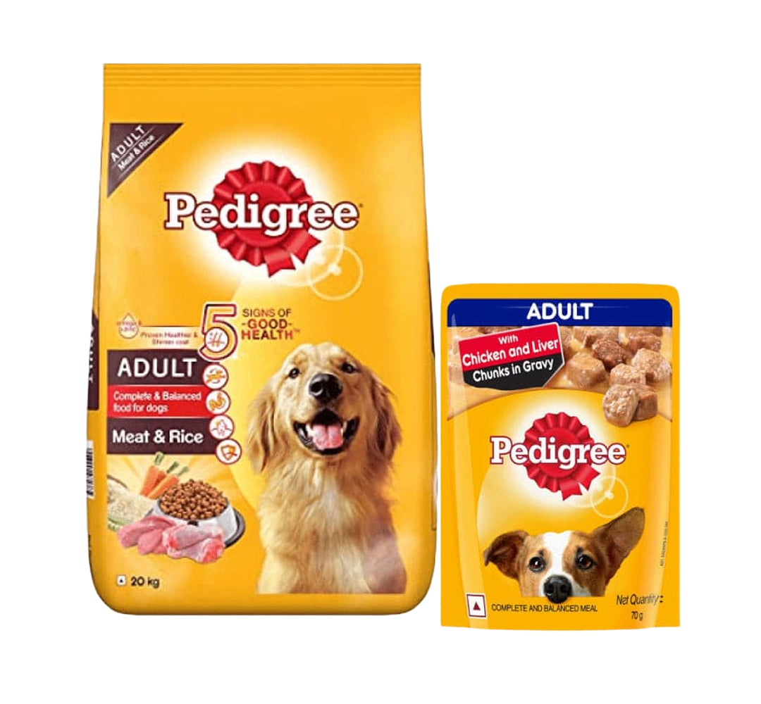 Pedigree Meat & Rice Dry and Chicken and Liver Chunks in Gravy Wet Adult Dog Food Combo image 1