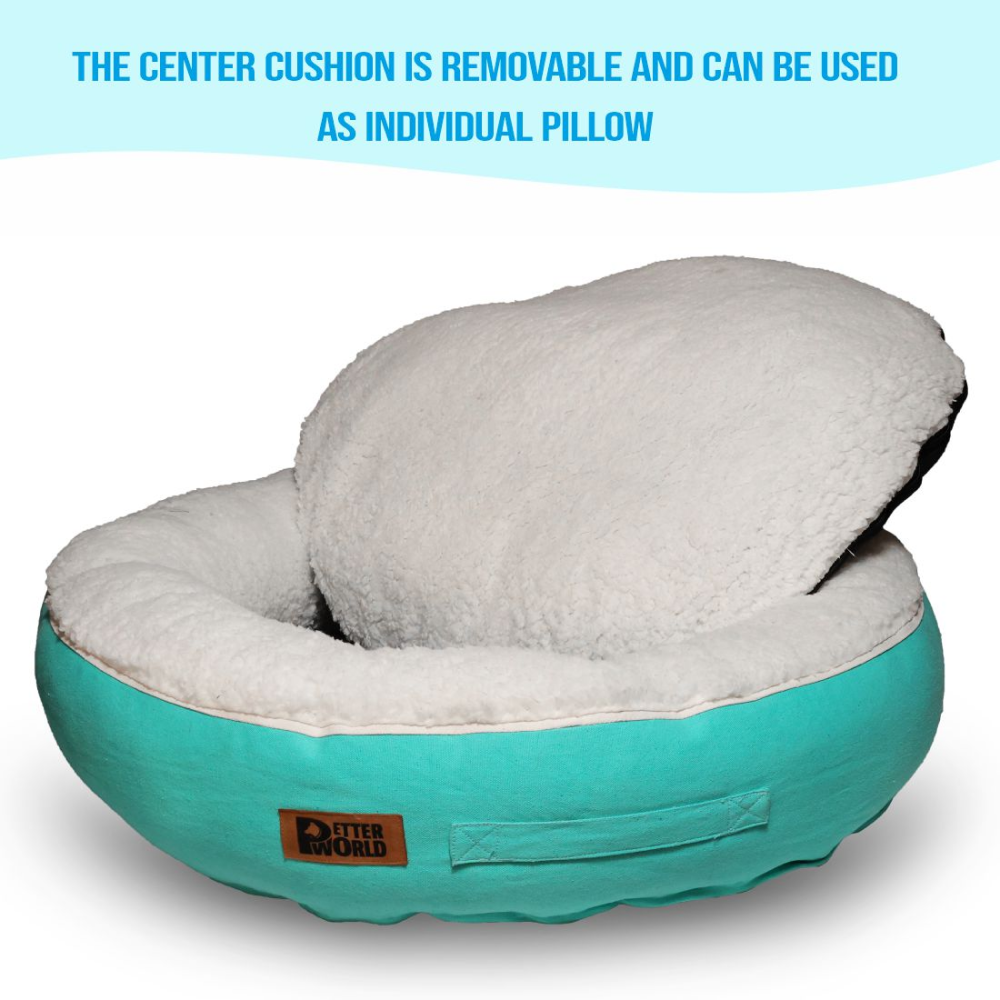 Petter World Ultra Luxury Cotton Canvas Donut Bed With Removable Sherpa Fur Cushion for Dogs (Turquoise) image 3