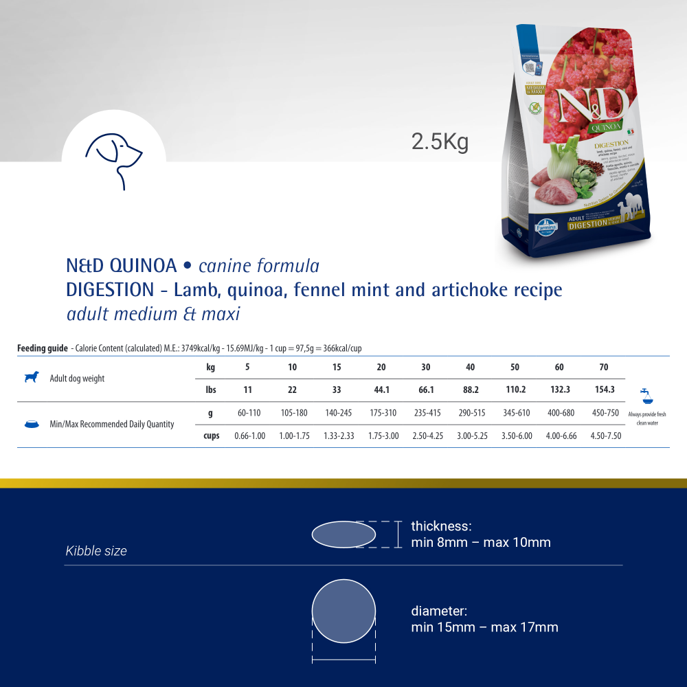 Farmina N&D Quinoa Lamb Mint & Fennel Digestion Grain Free Adult Medium Maxi Dry Dog Food image 3