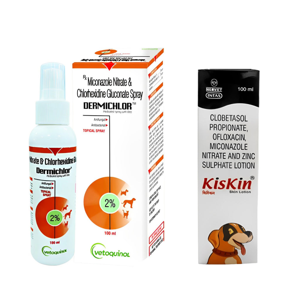 Vetoquinol Dermichlor Spray (100ml) and Intas Kiskin Lotion for Dogs and Cats (100ml) Combo image 1