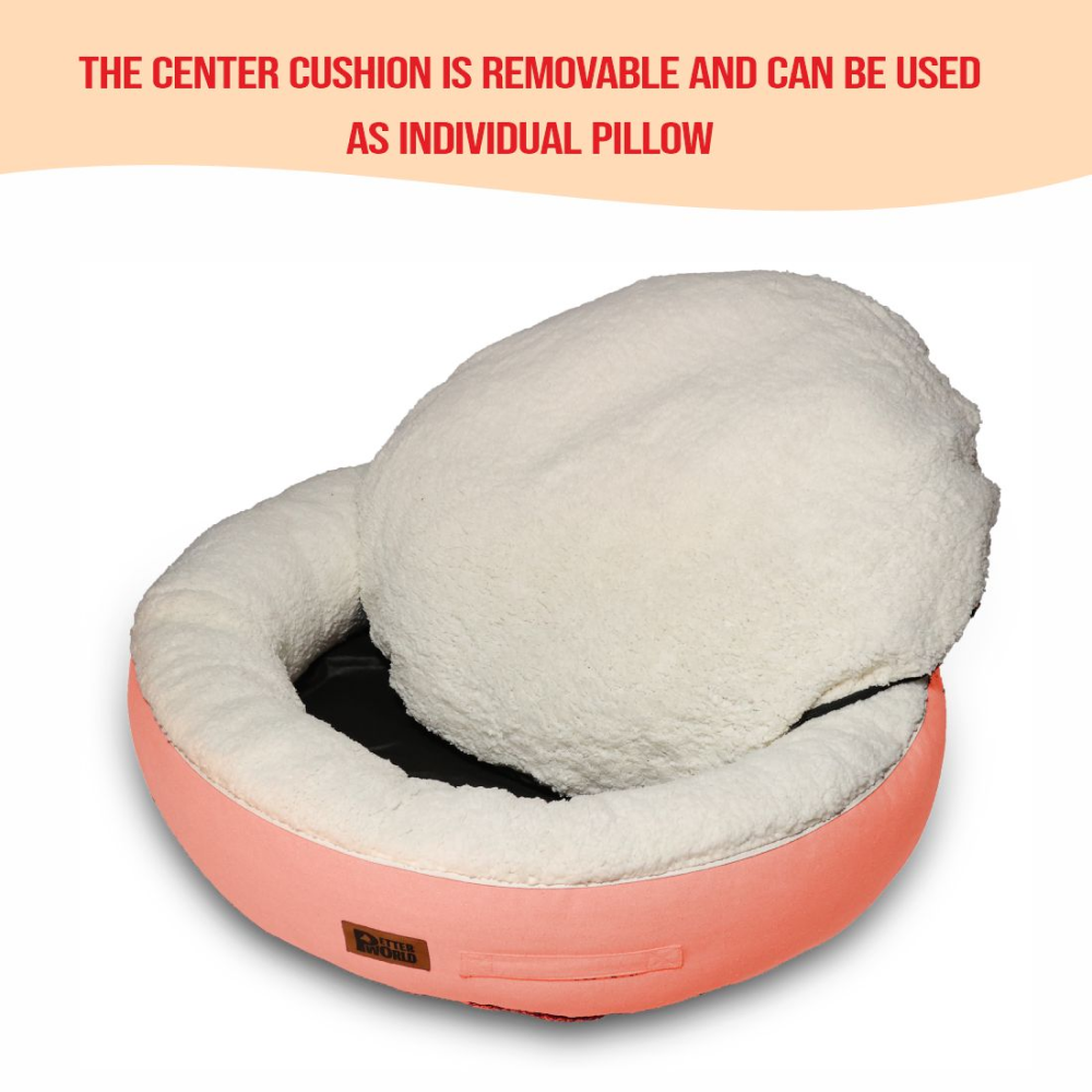 Petter World Ultra Luxury Cotton Canvas Donut Bed With Removable Sherpa Fur Cushion for Dogs (Peach Pearl) image 3