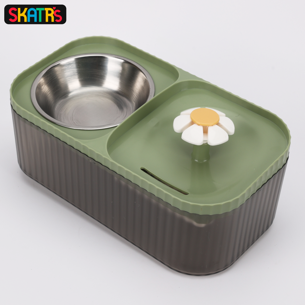 Skatrs Water Fountain with Food Bowl & Adapter for Dogs and Cats (Green)