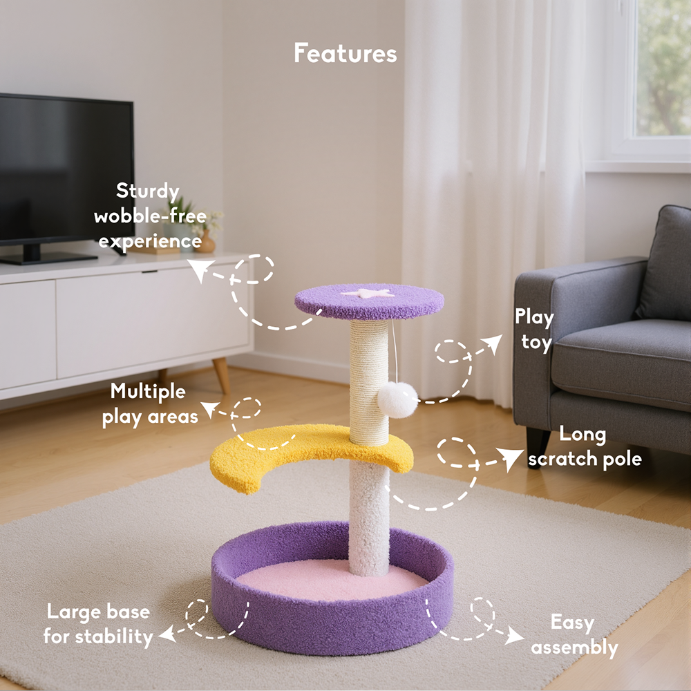 FurryLiving Astra 3Level Cat Tree for Cats & Kittens with Scratching Post and Hanging Toy for Cats image 3